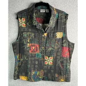 Chico's Linen Cotton Vest Womens XL Size 3 Graphic Patchwork Button Front Pocket